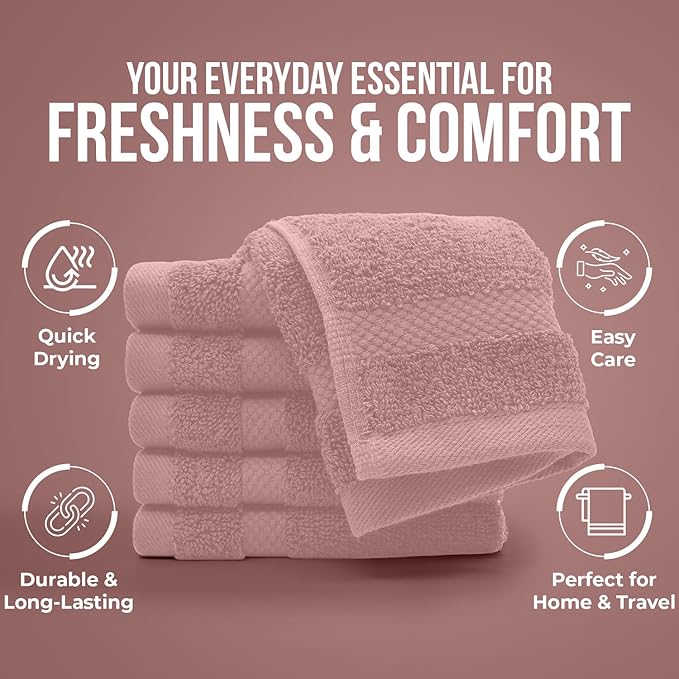 DAN RIVER 12-Pack Premium 100% Cotton Dusty Rose Face Towels for Bathroom - Reusable Face Wash Cloths for Showering 12x12 Inches - 550 GSM Super Soft & Absorbent Luxury WashCloths for Body, Spa & Gym