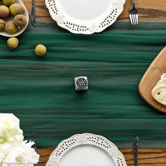 Artoid Mode 3PCS Dark Green Gauze Table Runner 120 Inch 10FT, Seasonal Sheer Kitchen Dining Holiday Wedding Birthday Baby Shower Table Decor for Home Party
