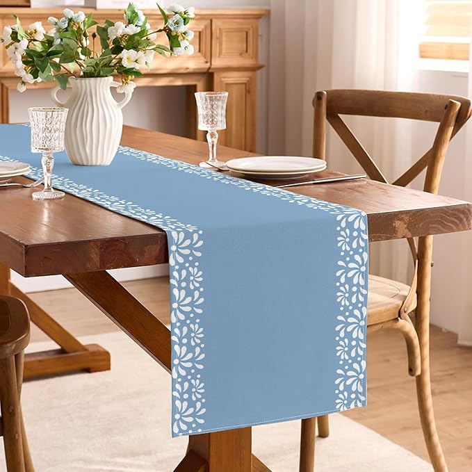 Blue Cielito Lindo Table Runner Mexican Boys Baby Shower Decoration Talavera Fiesta Mexicanos Dia De Los Muertos Dining Room Home Kitchen Table Decor (Blue, 13" x 72")