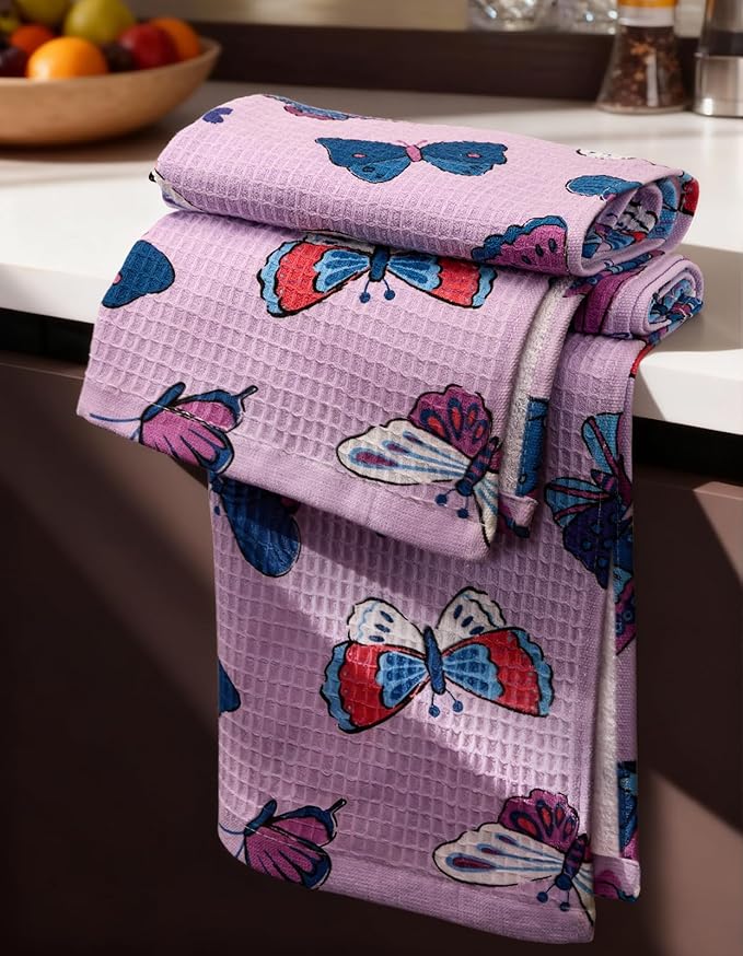 Miss Adola Cotton Waffle Kitchen Towels – Cute 370 GSM 16x25 Inch Terry Cloth Waffle Decorative Dishcloth for Kitchen Set of 2 with Hanging Loops Absorbent Hand Tea Towel for Home Design, Butterfly