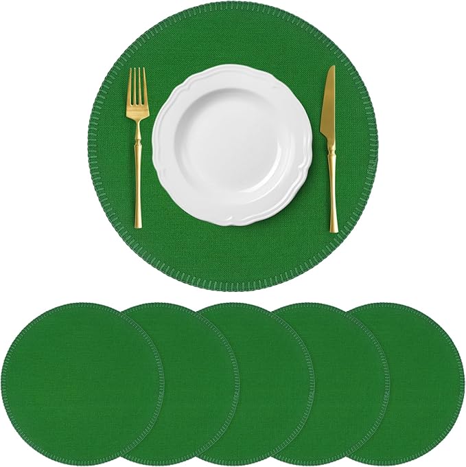Round Placemats Set of 6, 15 Inch Linen Fabric Table Placemats, Heat Resistant, Wrinkle Free Washable Placemats Kitchen Place Mats Set of 6 for Dining Table Party Table (Green, 6)