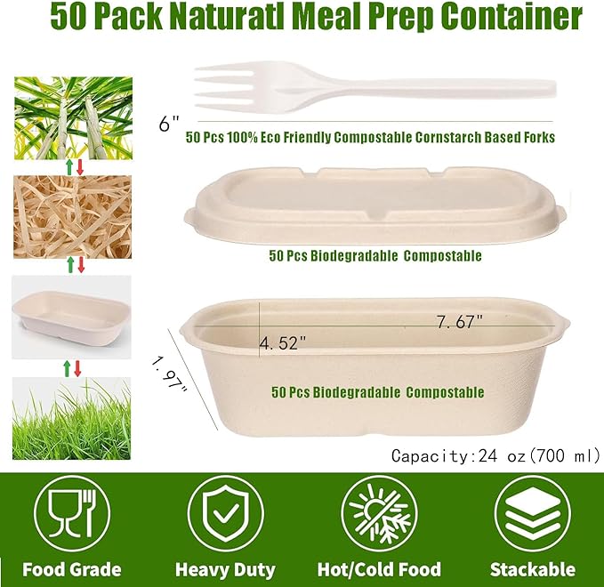 24oz Disposable Meal Prep Food Containers with Lids, 50 Pack Sugarcane Fiber Pulp Take-Out Boxes, Compostable Biodegradable Lunch Containers, Microwave & Freezer Safe, Includes Forks