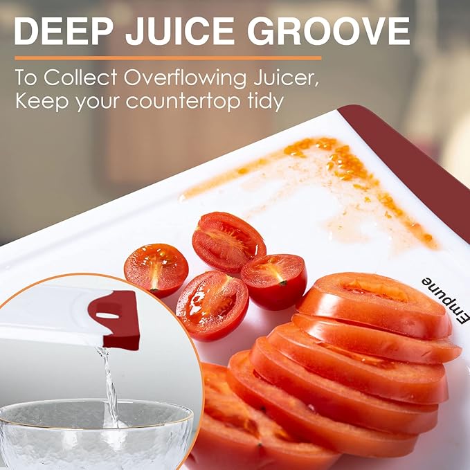 Empune Extra Large Cutting Boards, Plastic Cutting Boards for Kitchen (Set of 4) Cutting Board Set Dishwasher Safe Chopping Board with Juice Grooves Easy-Grip Handles, Red