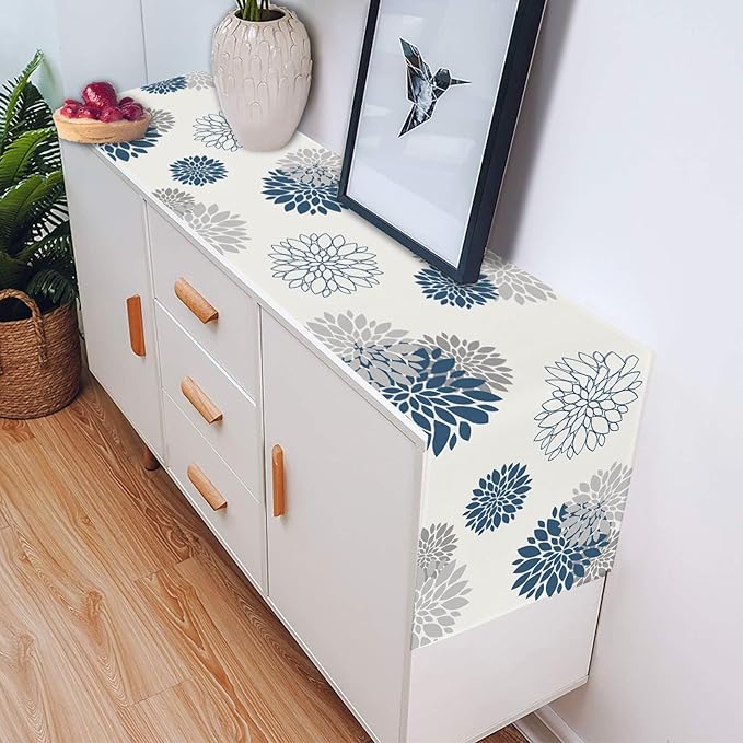 Blue Gray Table Runner Dahlia Pinnata Flower Beige Table Runners Modern Elegant Pompon Farmhouse Geometric Table Center Decor for Home Dining Party Entrance (13x72 Inch)
