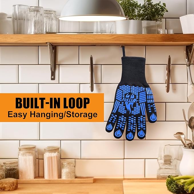 BBQ Gloves, Oven Gloves, 1472°F Extreme Heat Resistant Barbecue Gloves, Silicone Non-Slip Oven Mitts, Kitchen for Cooking, Grilling, and Baking (Blue)