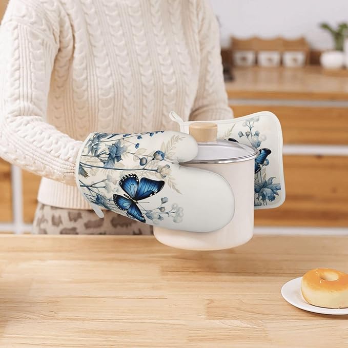 Oven Mitts and Pot Holders Butterfly Blue Flower Boho Silicone Kitchen Accessories Set of 2 Heat Resistant Long Gloves Potholder Non-Slip Grip for Chef Cooking,Baking,Grilling,BBQ