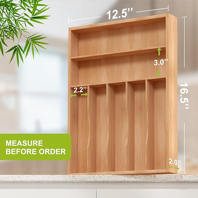 Unibambou Bamboo Utensil Drawer Organizer, Silverware Tray Organizer, Kitchen Drawer Organizer for Flatware Cutlery, Silverware Tray for Drawer (Natural, Large 16.5x12.3 Inch)