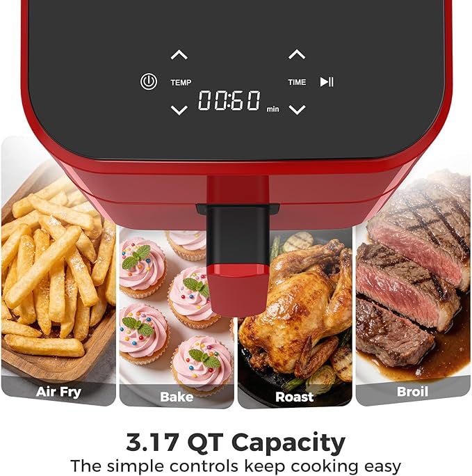 OLIXIS 3QT Air Fryer, Small Air Fryer with Digital PP Touch Panel, 400℉ Max Temp, Overheat Protection and Auto Shut-off, Nonstick and Dishwasher Safe Basket for Roast, Bake, Broil, Reheat, Red