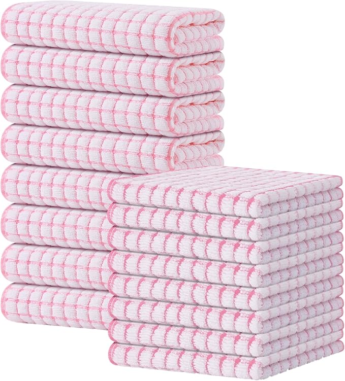 Kitinjoy Cotton 16 Pack Kitchen Towels and Dishcloths Sets, 16 x 25 Inch & 12 X 12 Inch Dish Towels Bulk, Super Soft and Absorbent Hand Towels for Kitchen Drying, Pink