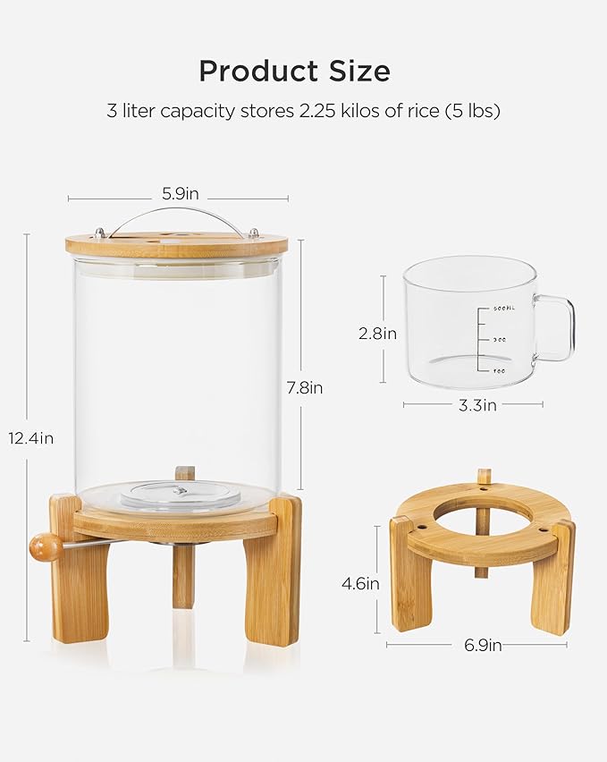 5-7 Lbs Glass Rice Dispenser with Wooden Stand Flour and Cereal Container with Glass Measuring Cup Pantry Food Organization Storage Bin with Airtight Bamboo Lid, 3L
