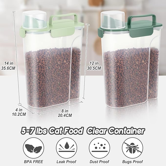 LEAWALK 5-7Lbs Dog Cat Food Storage Container with Upgraded Large Nozzle BPA-free, 4 Snap Seals Plastic Pet Food Storage Containers with Handles (Green+Dark Green, 5L-2pack)