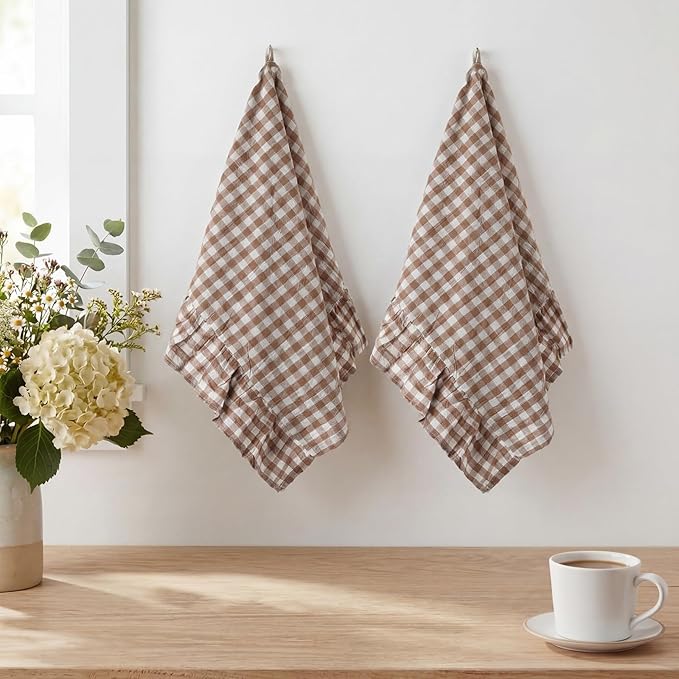 HunnmingRe Taupe Kitchen Towels Set of 2, 100% Cotton Ruffled Gingham Dish Towels 18"x28" Absorbent Tea Cloths Classic Plaid Pattern for Farmhouse Charm, Drying Dishes, Entertaining Guests