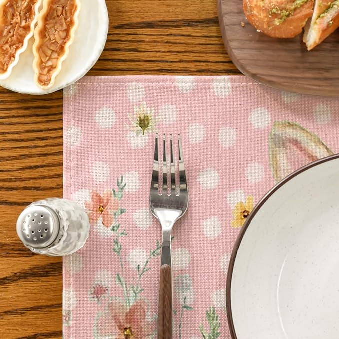Artoid Mode Pink Bunny Polka Dot Easter Placemats Set of 4, 12x18 Inch Flower Seasonal Spring Holiday Table Mats for Party Kitchen Dining Decoration