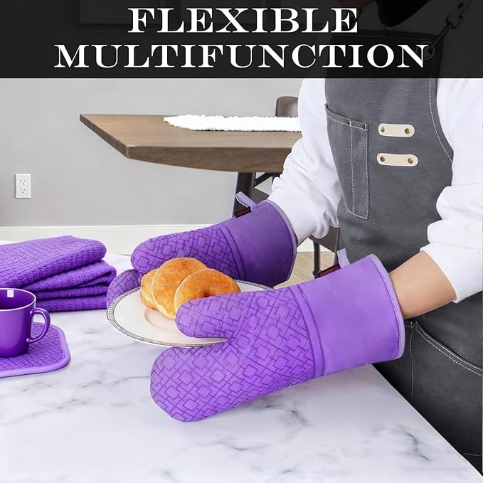 Oven Mitts and Pot Holders Sets 6pcs, Kitchen Oven Glove,High Heat Resistant 550 Degree Extra Long Oven Mitts and Potholders with Non-Slip Silicone Surface for Home Essentials (Grey) (Purple)