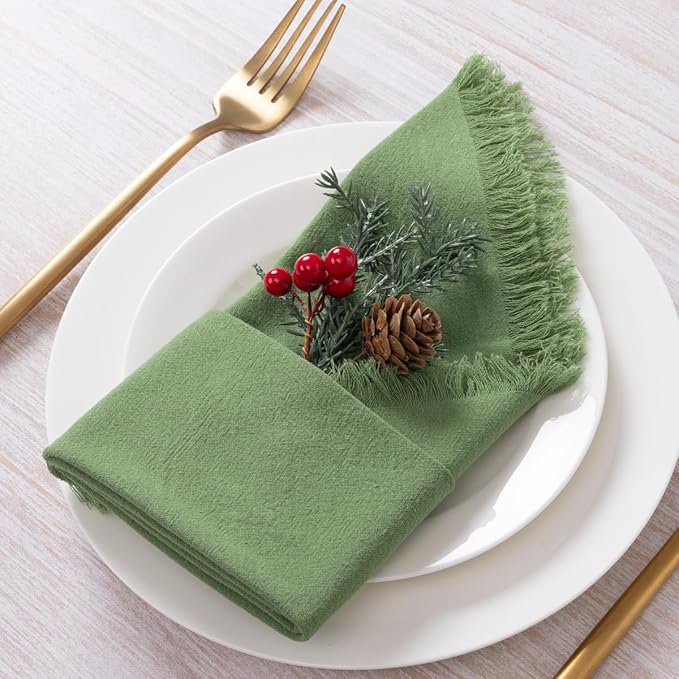 DeZerlor 12 Pack Sage Green Cotton Linen Napkins with Fringe Spring Cloth Napkins Set of 12 Boho Handmade Dinner Napkins Bulk for Wedding Bridal Baby Shower Parties, 17 x 17 Inches