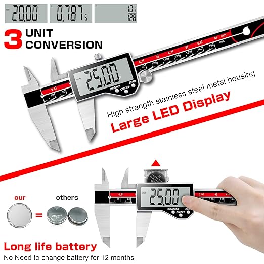 Digital Caliper Electronic Caliper Measuring Tool Precision Digital Vernier Caliper Inch/Millimeter/Fraction Measurement Micrometer for Jewelry - Metal Metric Measure Caliper for Engineer Carpenter