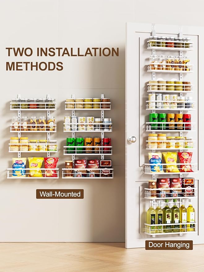 Delamu 9 Tier Over The Door Pantry Organizer, Pantry Organization and Storage, Hanging Spice Rack for Pantry Door Organizer, Metal Pantry Door Shelves for Kitchen Bathroom Laundry Room,15.3" White
