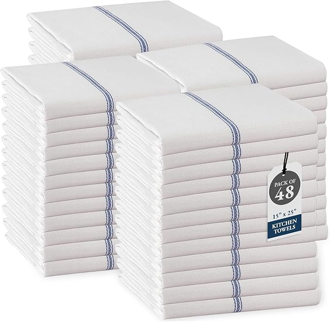 LANE LINEN Kitchen Towels Bulk Set - 100% Pure Cotton Dish Towels for Kitchen, Super Absorbent Kitchen Hand Towel, Blue Tea Towels, Soft & Durable Dish Cloths, Pack of 48 – 15”x25”, Blue Stripe