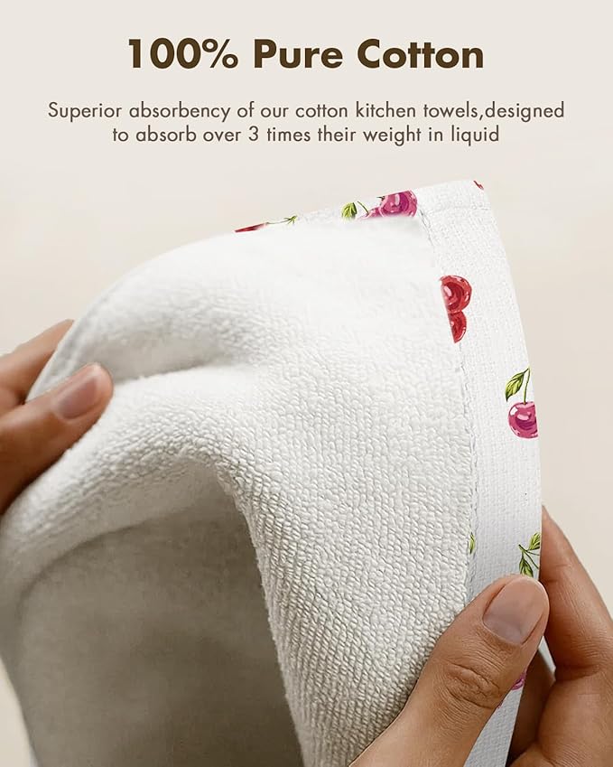 Miss Adola 2pcs Waffle Kitchen Towels - 16x26 Inch Cotton Waffle Weave Dish Cloths Set of 2 with Hanging Loop Absorbent Hand Tea Towels Cute Design for Housewarming Gift, Cherry