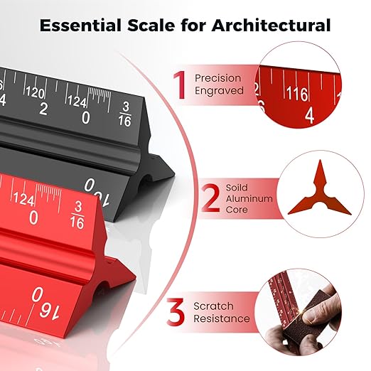Rena Chris 2PCS Architectural Scale Ruler: 12" Imperial Aluminum Alloy Metal Architecture Measuring Tools, Engineering Drafting Construction Drawing Blueprints Triangular Architect Scaling Rulers