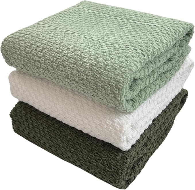 Sage White Dark Green Kitchen Hand Dish Towels: Oversized 28" x 18",100% Cotton Cloth Soft Cleaning Drying Absorbent Textured Design, Set of 3 Multipurpose for Everyday Use (Natural Collection)