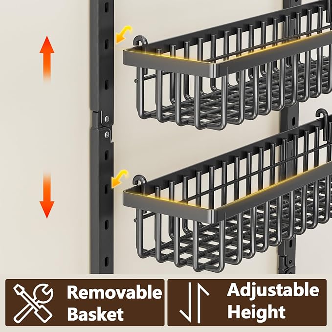 POKIPO 9 Tier Over The Door Pantry Organizer, 2 in 1 Wall Mount or Hanging Spice Rack with Adjustable Basket, Seasoning Organizer and Storage for Kitchen Cabinet Closet Bathroom