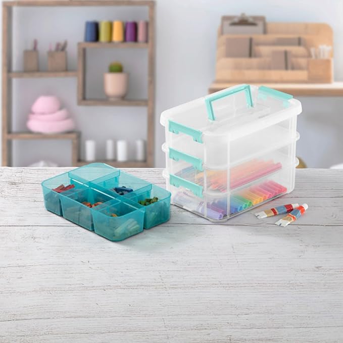 Sterilite 6 Pack Plastic Storage Box Container, 3 Layer, Stack and Carry, Clear/Blue