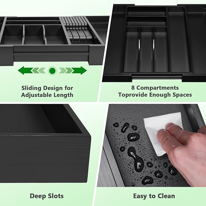 9-Piece Bamboo Kitchen Drawer Organizer Set, Expandable Silverware &Utensil Organizer with Removable Knife Block & Steak Knives, Flatware Organization, Tableware Dividers Storage(Black)