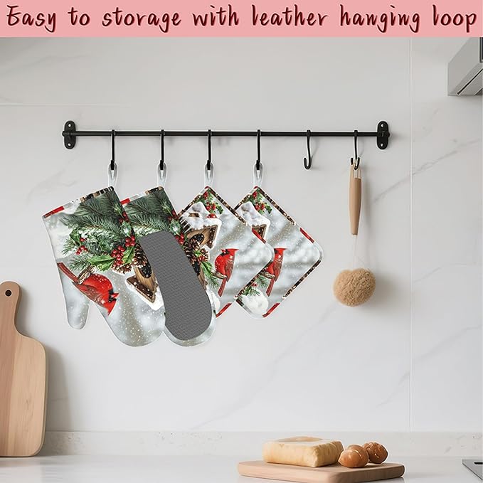 Cardinal Heat-Resistant Silicone Oven Mitts and Pot Holder 4 Piece Set,Christmas Berry Non-Slip Kitchen Oven Gloves for Baking, BBQ, Cooking,Grilling