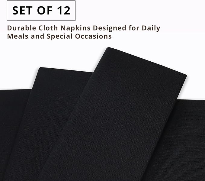 PurpleEssences Set of 12 Cloth Dinner Napkins 100% Cotton 18x18 Inch - Soft Durable Washable - Ideal for Farmhouse Party Spring Easter Summer - Perfect Everyday Use Table Linen - Black