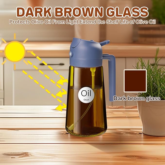 YARRAMATE 2Pcs 16oz/470ml Dark Brown Oil Sprayer for Cooking with Stickers, Food-grade Premium 2 in 1 Olive Oil Dispenser Bottle for Kitchen Gadgets, Air Fryer, Salad, Frying, BBQ (Black&Navy)