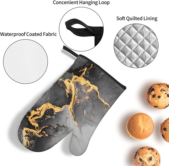 Black Gray Gold Marble Oven Mitts and Pot Holders Set Heat Resistant Abstract Modern Oven Gloves for BBQ Baking Grilling Cooking Kitchen Decor 3 Piece