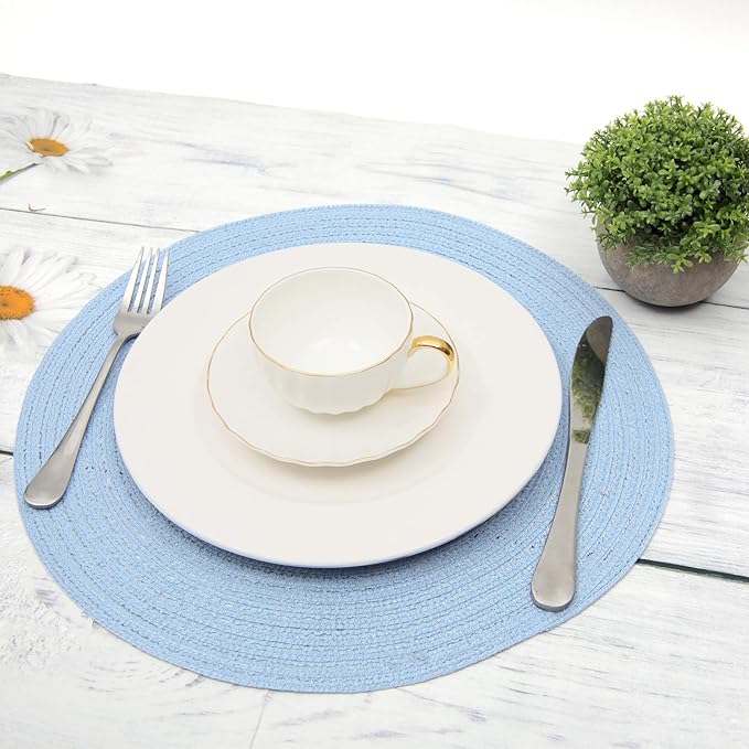 SHACOS Round Braided Placemats Set of 8 Washable 15 inch Round Non Slip Table Place Mats for Dining Tables Wedding Party Decor (Light Blue, 8)