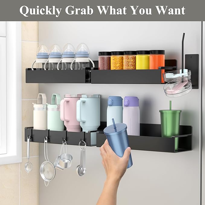 HuggieGems Magnetic Water Bottle Holder for Refrigerator, Cup Holder Organizer for Stanley and Tumbler for Kitchen, 4 Pack, Black