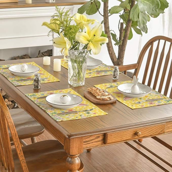 Artoid Mode Yellow Bunny Polka Dot Easter Placemats Set of 4, 12x18 Inch Flower Seasonal Spring Holiday Table Mats for Party Kitchen Dining Decoration