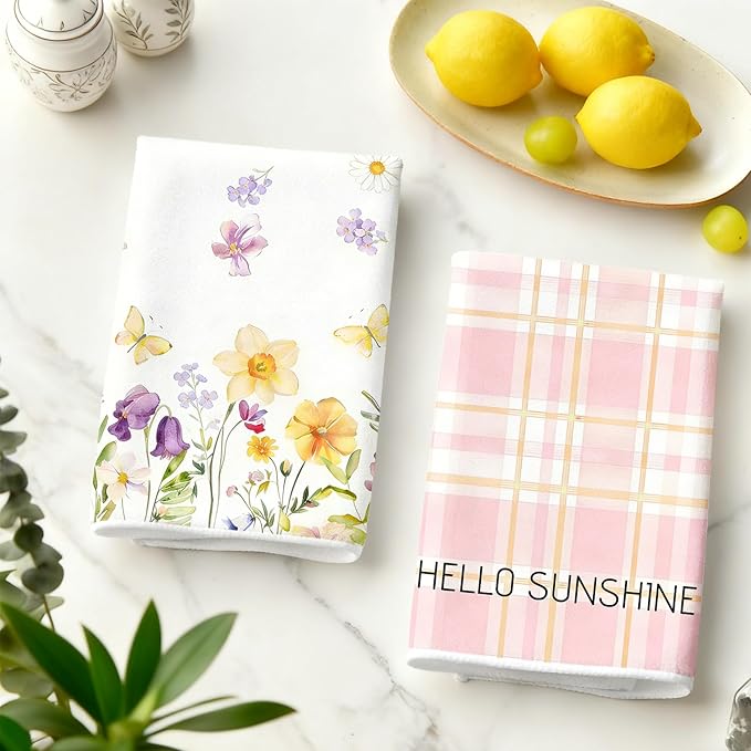 Spring Floral Kitchen Towels Set of 4 – 16×24 Inch Cute Watercolor Wildflower Butterfly Dish Towels, Soft Absorbent Hand Towels, Pink Spring Decor, Housewarming & Birthday Gift for Women