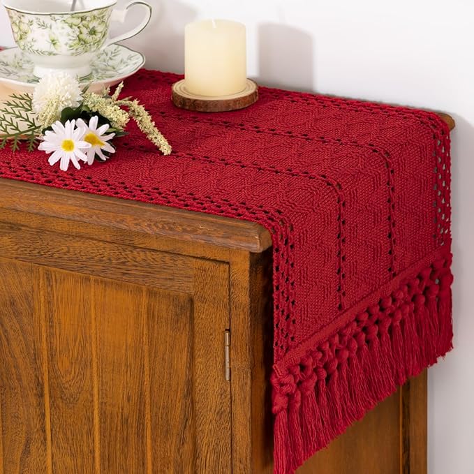 Socomi Boho Table Runner Easter Spring Farmhouse Rustic Dining Kitchen Centerpiece Decor Small Macrame Woven Cotton Linen Coffee Table Runner for Dresser Scarf Home Decor 12x72 in Red