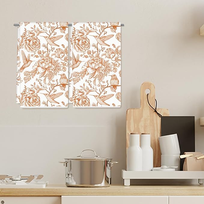 Orange Bird Floral Kitchen Dish Towel 18 x 28 Inch Vintage Bird Flower Dishcloth Chinoiserie Hand Drying Tea Towel for Home Kitchen Cooking Baking, 2Pcs