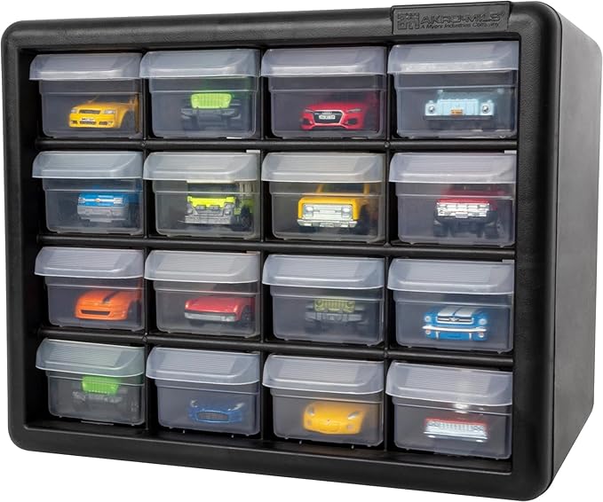 Akro-Mils 16-Drawer Plastic Drawer Storage Cabinet for Garage Organization, Beads, Makeup Organizer, Building Bricks Storage, Teacher Toolbox, 10-1/2" W x 6-1/2" D x 8-1/2" H, 10116 Black