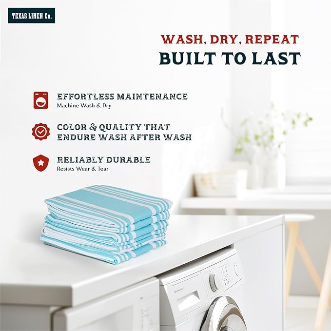 TEXAS LINEN CO. American Stripe Kitchen Towels 100% Cotton Pack of 6, Highly Absorbent Quick Drying, Soft Dish Towels 20x30 Inch for Kitchen with Hanging Loop, Hand & Tea Towel - Aqua & White Striped