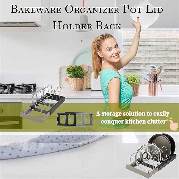 Lid organizers inside cabinet adjustable, Kitchen Pot lid organizer for Bowls, Lids, Cutting boards, Tableware, Dish storage rack for cabinets, drawers, countertops & sinks