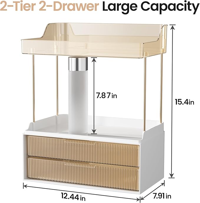 Delamu Bathroom Organizers and Storage, 2 Tier 2 Drawer Makeup Organizer Countertop, Easy to Install, Ideal for Bathroom Counter, Vanity, Ideal for Women Girls, Amber