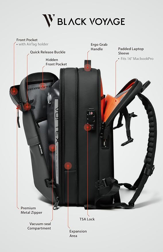 BlackVoyage Vortex Vacuum Seal Travel Backpack 60L Expandable Air Compression System Water Resistant TSA Lock Carry-On Suitcase Luggage Gray AERO - No Vacuum Pump
