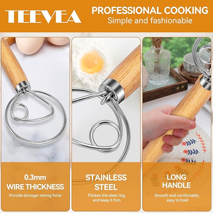 TEEVEA Danish Dough Whisk for Bread Sourdough, Wooden Handle & Stainless Steel Hook
