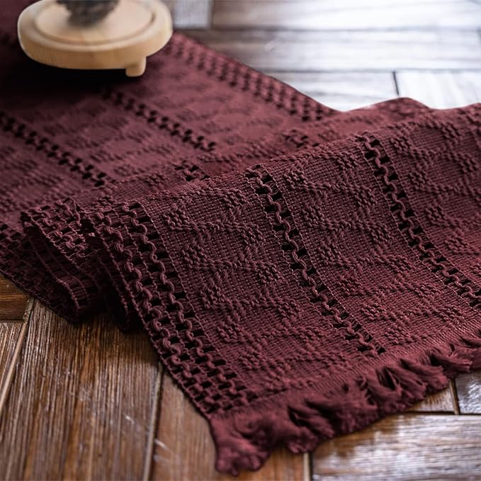 Alynsehom Macrame Table Runner Burgundy Boho Table Runners with Tassels Hand Woven Cotton Table Runner Rustic Farmhouse Table Runners for Bohemian Kitchen Dining Table(12x48in)