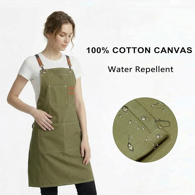 ZOMAO Chef Apron for Women Men with Large Pockets, Cotton Canvas Cross Back Waterproof Work Aprons for Kitchen Cooking Bib