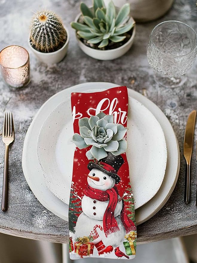 Snowman Red Cloth Napkins Set of 6 - Christmas Tree Washable Dinner Napkins Snowflake Winter Xmas Pine Table Reusable Napkin for Home Party Wedding Dining Table Setting Decoration, Oversized 20"x20"