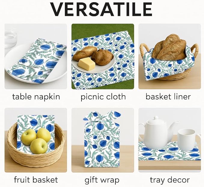 Ridhi Queen Blue Hand Block Print 100% Cotton Napkins 18" x 18" (Set of 4) Reuseable Kitchen Napkins Cloth Decor Dinner Party Wedding Cocktail Gift for Spring, Easter, Valentine