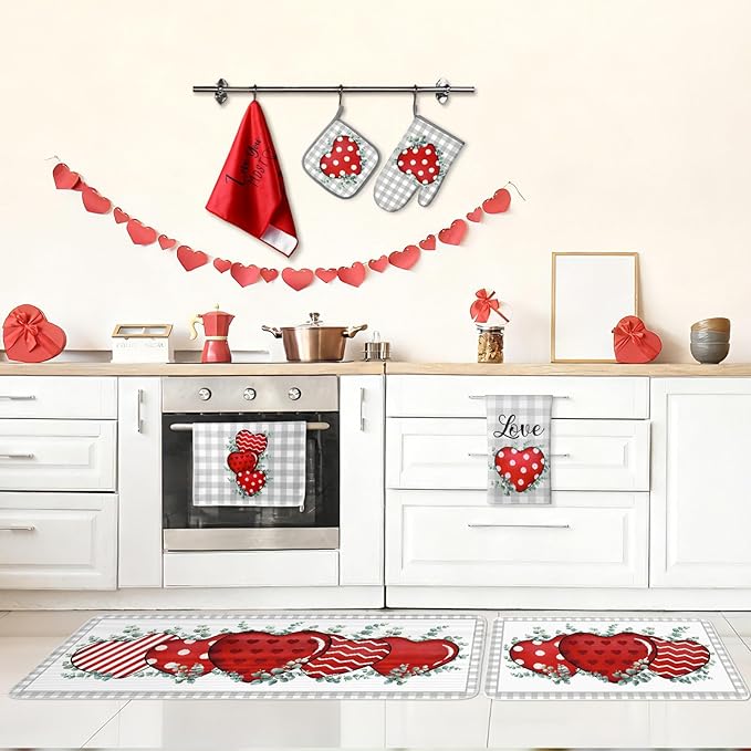 VitalCozy Set of 10 Valentine's Day Kitchen Towels Heart Kitchen Mats Oven Mitts and Pot Holders Set Absorbent Red Tea Hand Towels Valentine's Day Decorative Towel for Baking Cooking BBQ