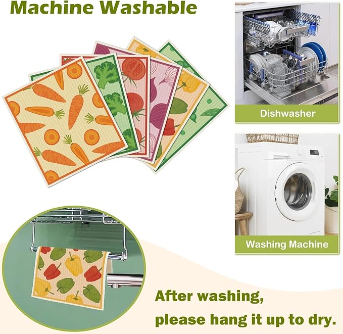 6 Packs Swedish Paper Cloths for Kitchen, Reusable Paper Towels Washable Dish Rags, Highly Absorbent Kitchen Towels Quick Drying Swedish Sponge Cleaning Dish Cloths (Vegetables)